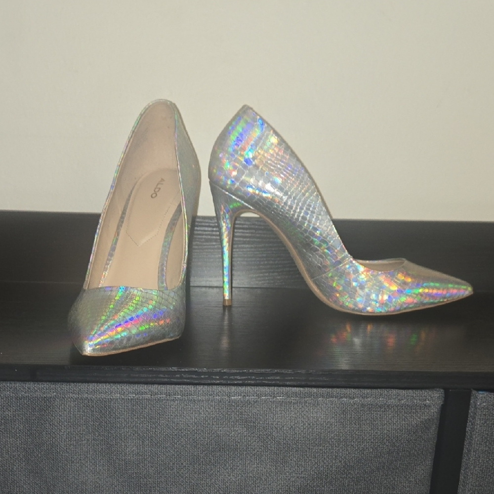 ALDO Holographic Silver Snakeskin Pointed-Toe Stiletto Heels